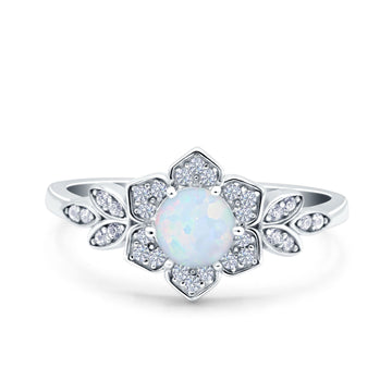Halo Cluster Floral Wedding Ring Round Lab Created White Opal 925 Sterling Silver